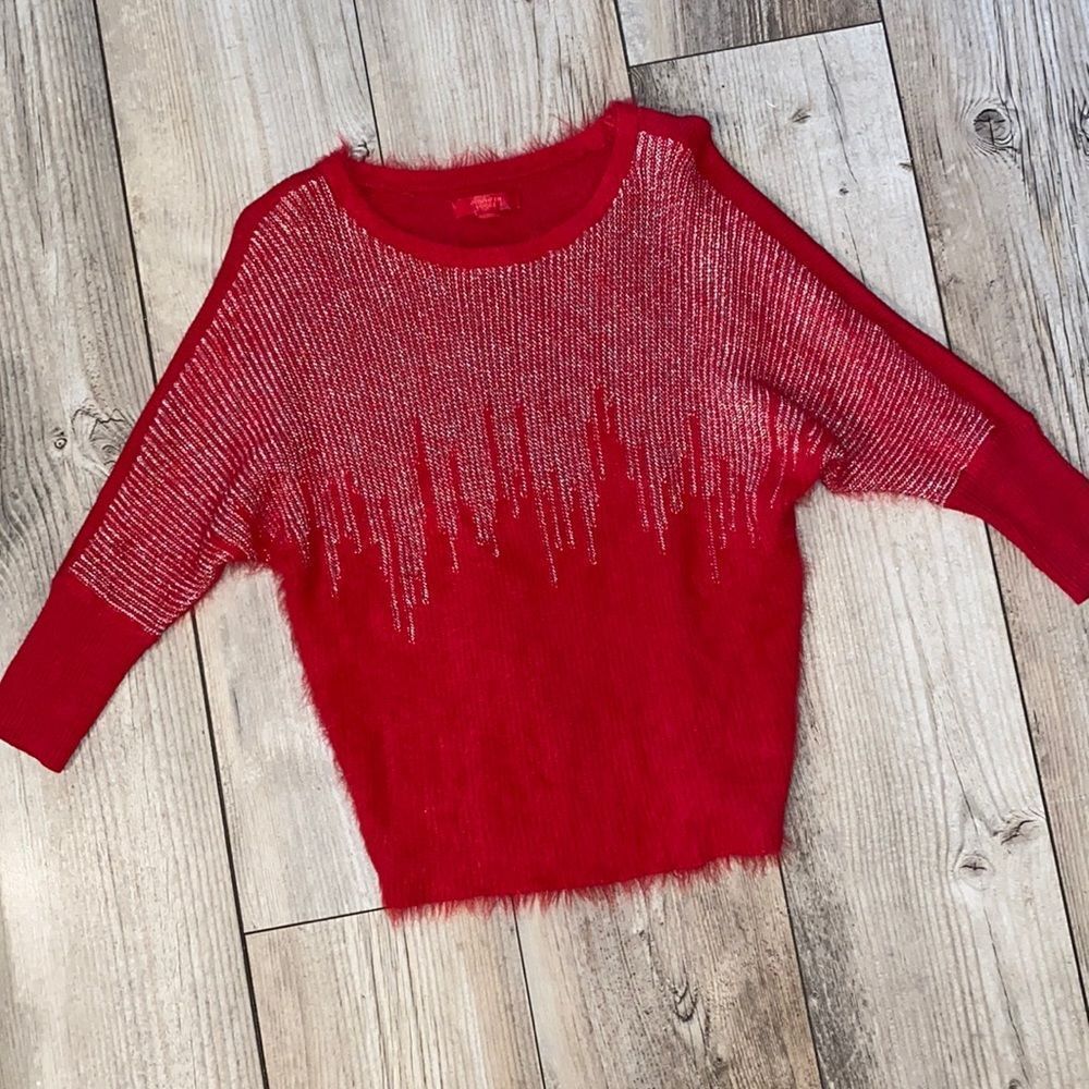 J Lo Beautiful Red Christmas Sweater Fuzzy Metallic embellishments XS